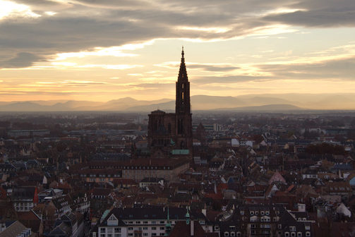 Luftaufnahme mit Münster und Altstadt im Sonnenuntergang