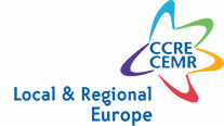 Logo des Council of European Municipalities and Regions (CEMR): eine Grafik in Regenbogenfarben, die einer Blume stilistisch ähnelt