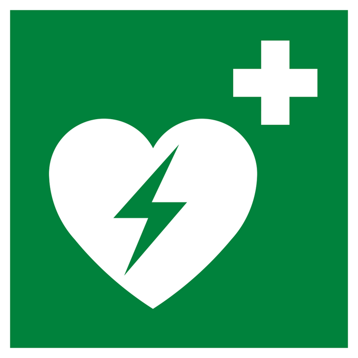 Rettungszeichen, Symbol "Defibrillator": ein weißes Herz mit Blitz innen und ein weißes Kreuz auf grüner Fläche