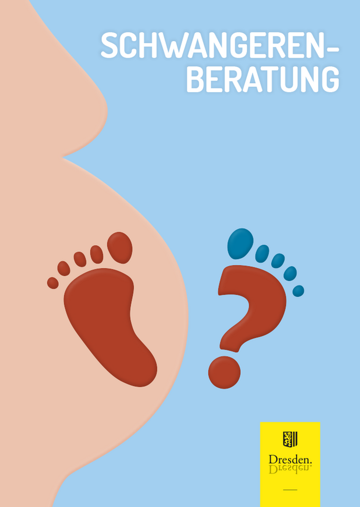 Titel Infokarte Schwangerenberatung: Silhouette einer schwangeren Frau, darin der Fußabdruck eines Babys, außerhalb gegenübergesetzt ein Fragezeichen