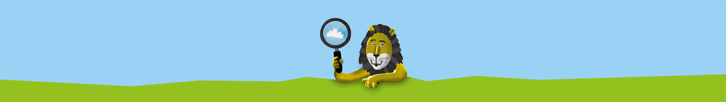 Maskottchen Leo mit Lupe und einem Stapel Zuckerwürfel