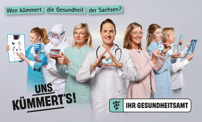 Wen kümmert die Gesundheit der Sachsen? - Uns kümmert's! Kampagnenmotiv mit 7 Personen die unterschiedliche Tätigkeiten im Öffentlichen Gesundheitsdienst ausüben