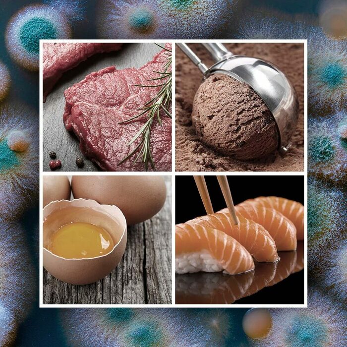 Fünf Bilder in einer Montage: eine Schimmelkultur, ein Stück Fleisch, ein Eisportionierer mit Schokoladeneis, ein aufgeschlagenes Ei, Sushi