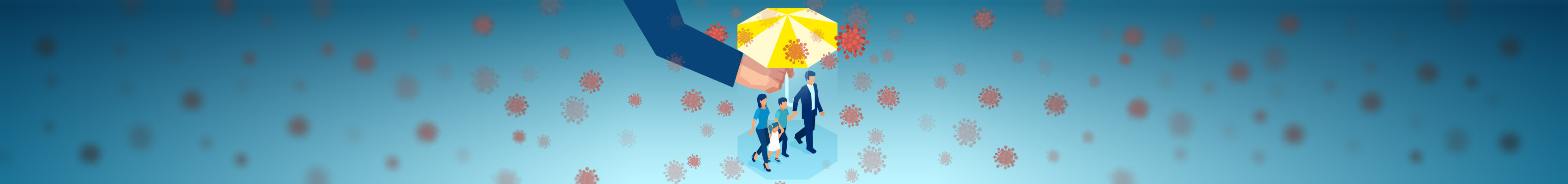 Grafik einer Familie, die von einem Regenschirm vor herabfallenden Viren geschützt wird.