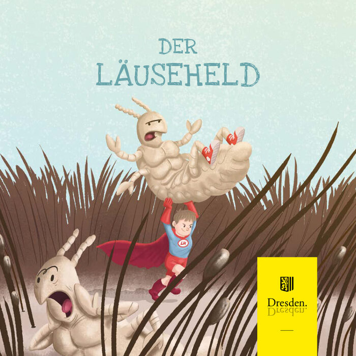 Titelbild von "Der Läuseheld": Illustration eines kleinen Jungen in Heldenkostüm, der Läuse von Kopf befördert