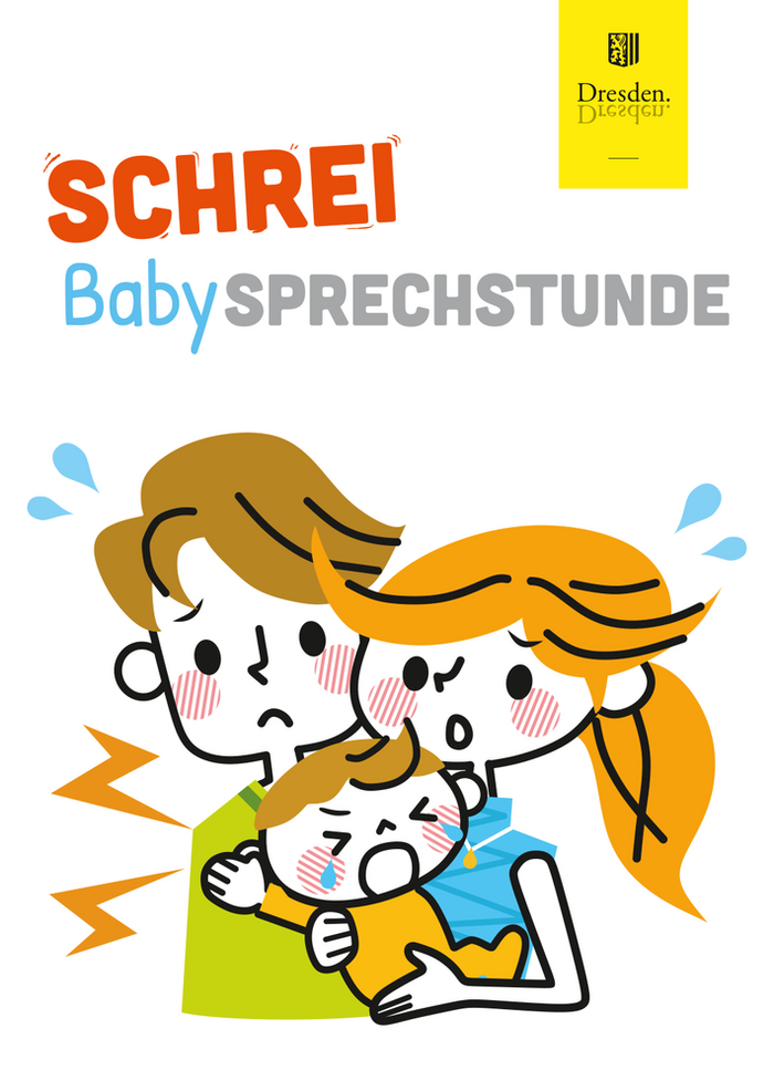 Infokarte Schreibaby: Illustration, Eltern halten fragend und ratlos ihr schreiendes Kind im Arm