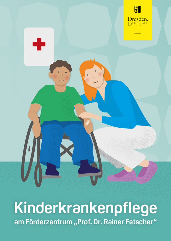 Grafik: ein Junge im Rollstuhl und Kinderkrankenpflegerin, an der Wand hängt ein Verbandskasten