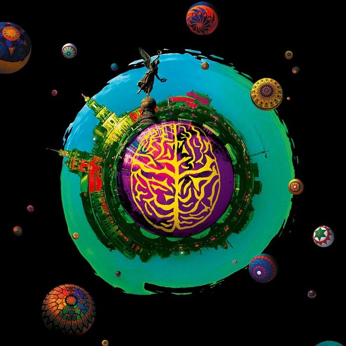 Künstlerische, bunte Darstellung der Dresdner Silhouette mit einem stilisiertem Gehirn in der Mitte