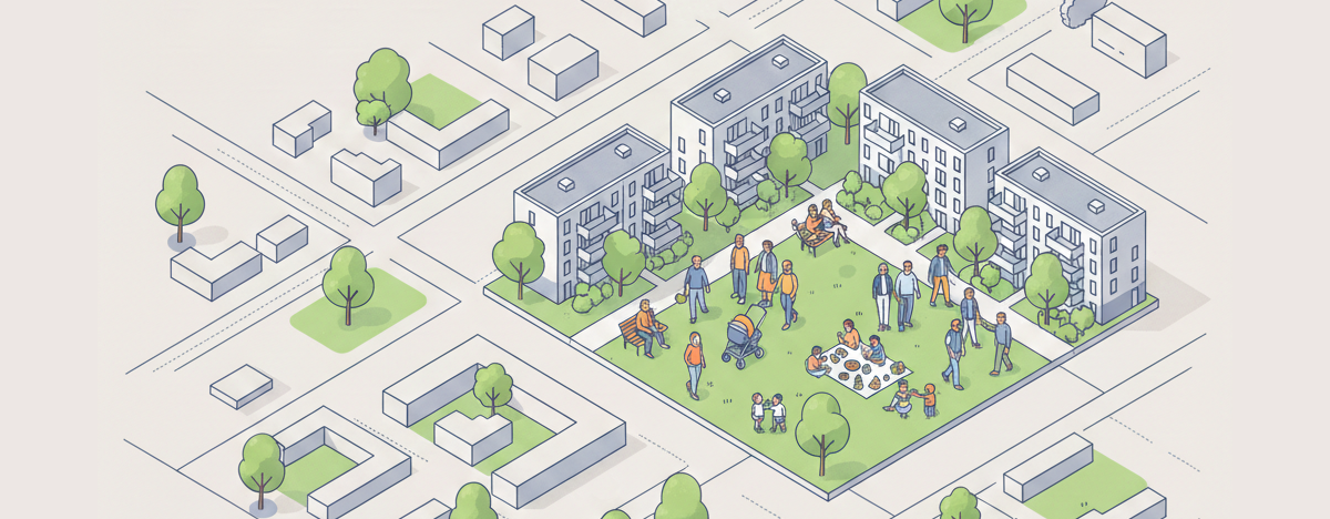 Isometrische Illustration einer Stadtkarte mit Fokus auf ein zentrales grünes Wohnquartier, in dem eine diverse Gruppe von Menschen im Freien zusammenkommt und interagiert.