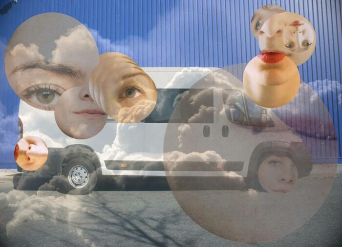 eine Collage aus einem Van und Details von Gesichtern