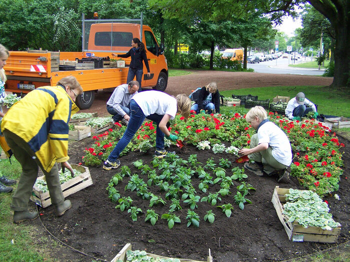 Sommerblumenpflanzung in der Bürgerwiese - Schüler des Gymnasiums Bürgerwiese helfen mit