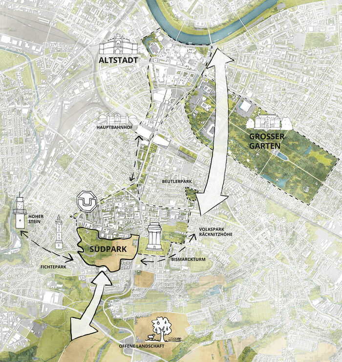 Grünzug Südpark auf einer Karte eingezeichnet