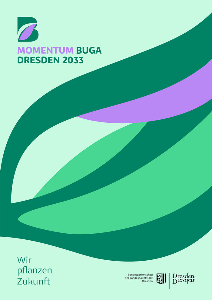 BUGA-Plakat mit grünen geschwungenen Linien uns Slogan "Wir pflanzen Zukunft"