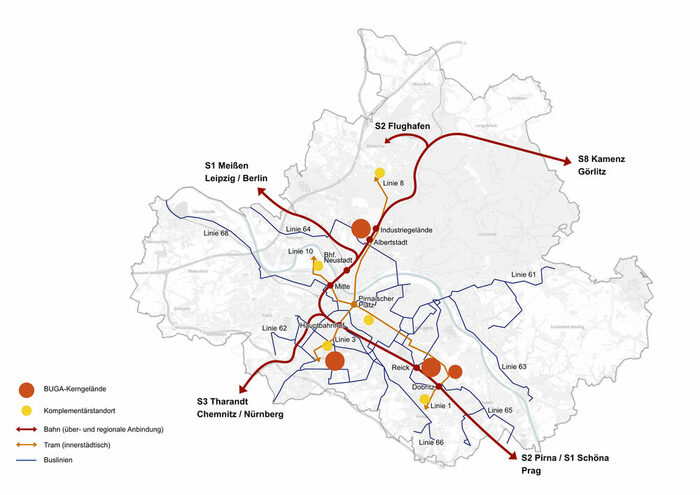 Dresden-Karte mit eingezeichneten ÖPNV-Verbindungen