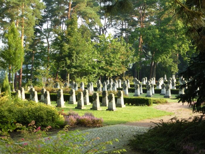 Überblick über den Sowjetischen Garnisonsfriedhof - Gräber, Wald im Hintergrund