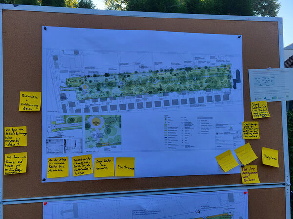 Pinnwand mit dem Plan der Freiraumplanung, daran mit gelben Klebezetteln Anmerkungen der Besucher