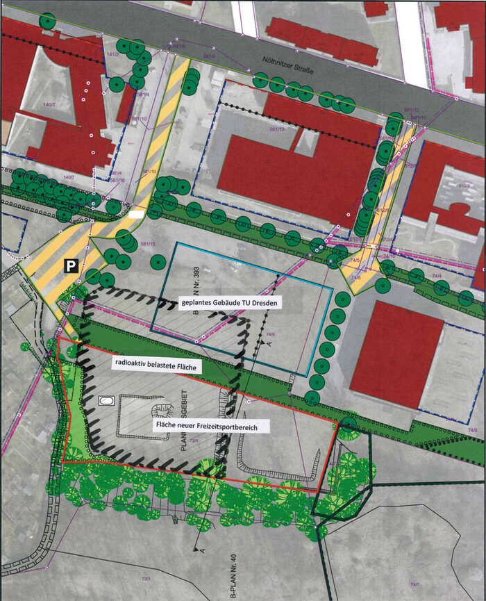 Plan des Süparks mit markierte radioaktiv belasteter Fläche zwischen dem geplanten Gebäude der TU Dresden und der Fläche für den neuen Freizeitsportbereich