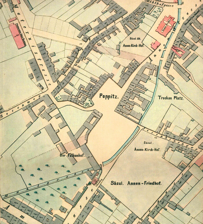alter Stadtplan von 1864 mit dem Dorf Poppitz und dem neuen Annenkirchenfriedhof