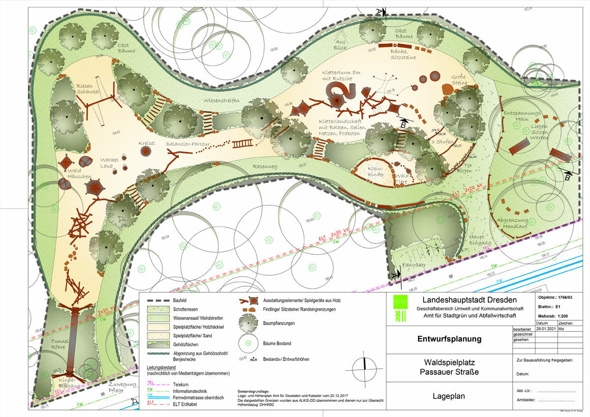 Ausschnitt aus dem Entwurfsplan für den Waldspielplatz Südpark - er zeigt das Spielplatzgelände mit Spielgeräten und Bepflanzung