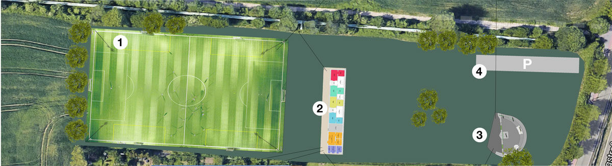 Plan der geplanten Sportanlage im Südpark mit Freifläche, Funktionsgebäude, Parkplätze und Skateanlage