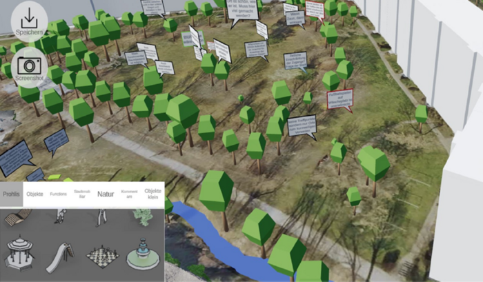 Digitale Darstellung eines Innenhofes mit animierten Bäumen