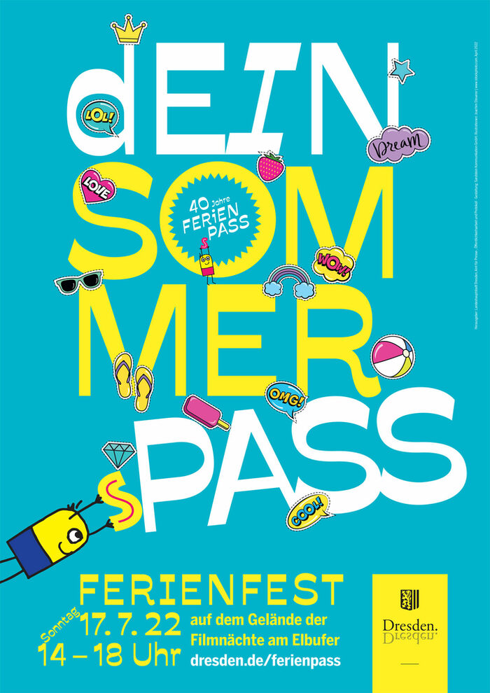 Plakat zum Ferienfest 2022 mit dem Titel "dein Sommerpass" und bunten Icons