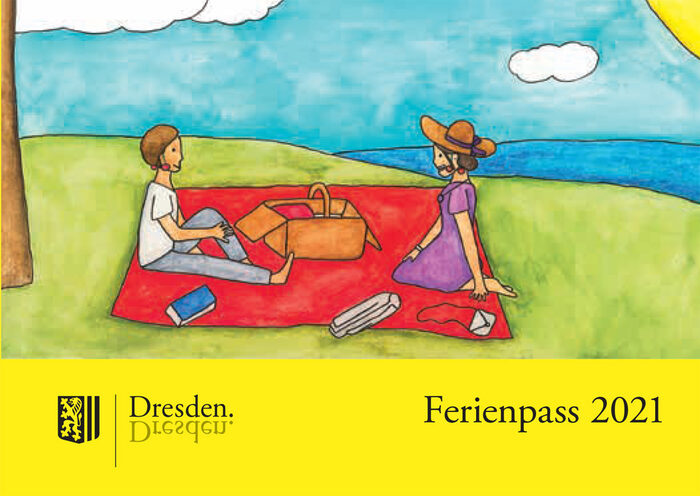 Zeichnung: zwei Menschen sitzen auf einer Decke mit Picknickkorb