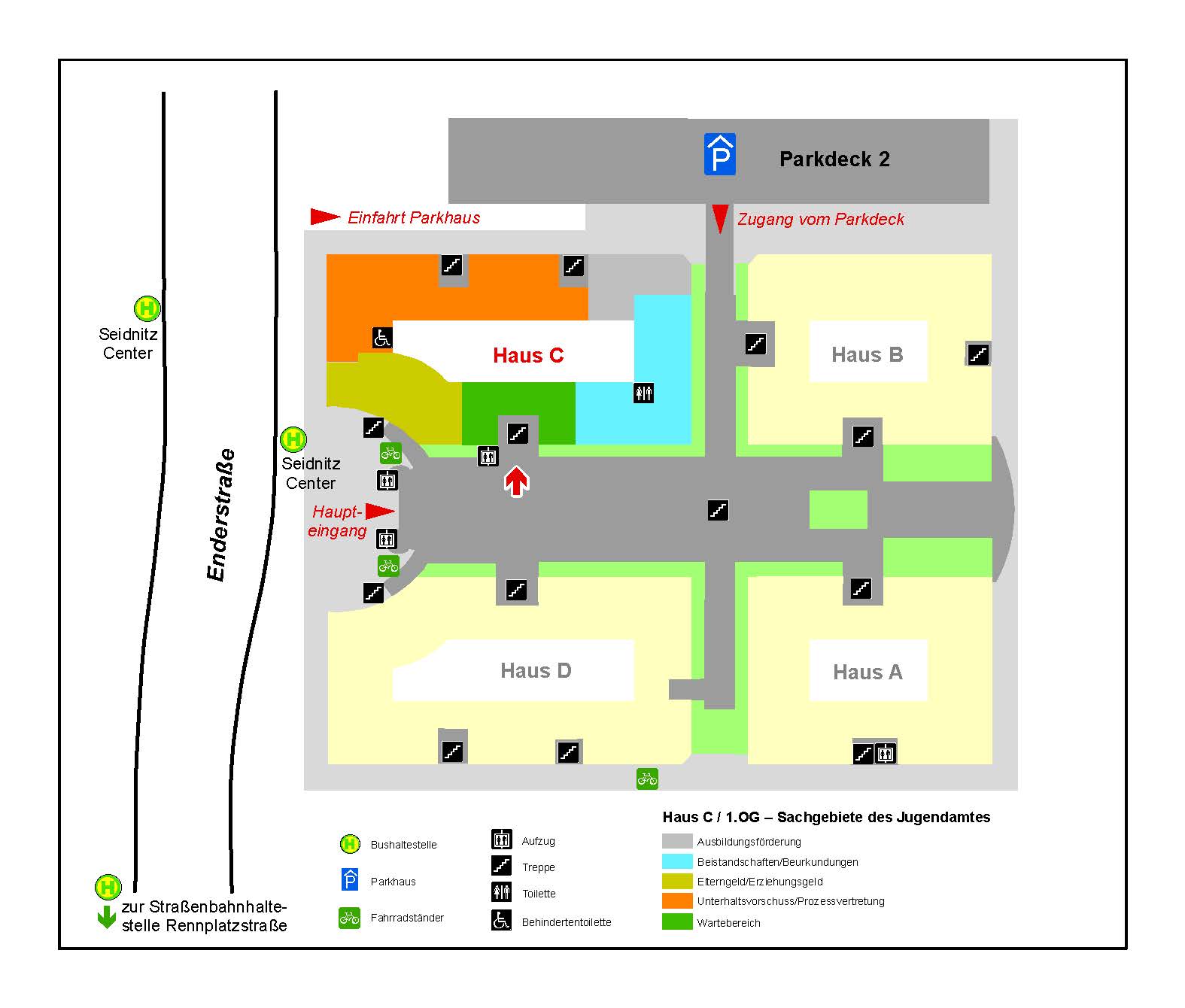 Vor dem Center stehend nutzen Besucherinnen und Besucher des Jugendamtes bitte die linke Freitreppe oder den Fahrstuhl in der Mall, um in die erste Etage auf das Gründach zu gelangen. Dort befindet sich der Eingang zum Haus C. ©Landeshauptstadt Dresden, Stadtplanungsamt