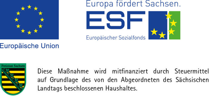 Förderlogo mit Text vom Freistaat Sachsen und vom Europäischen Sozialfond