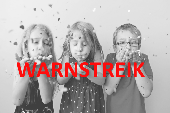 Das Bild zeigt drei Kinder und den roten Text "Warnstreik"