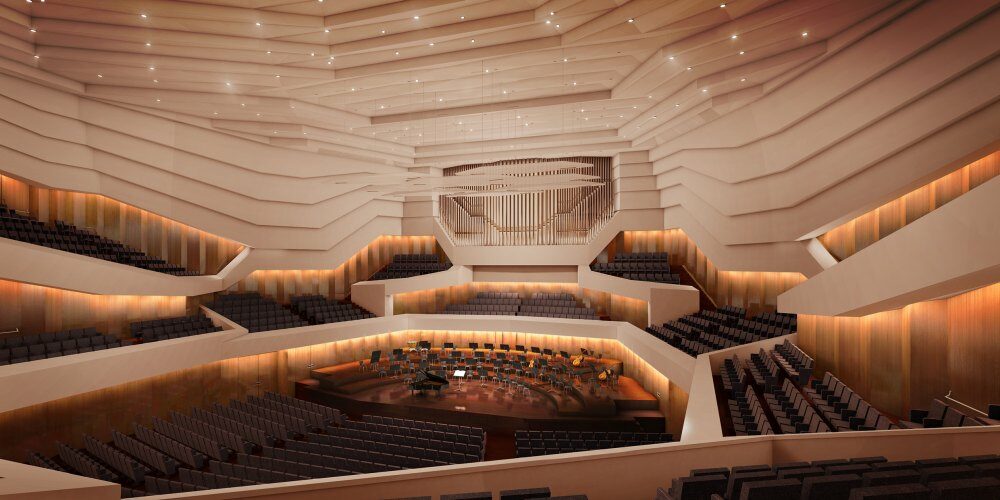 Visualisierung des Konzertsaals, Blick aus dem Zuschauerraum auf die Bühne