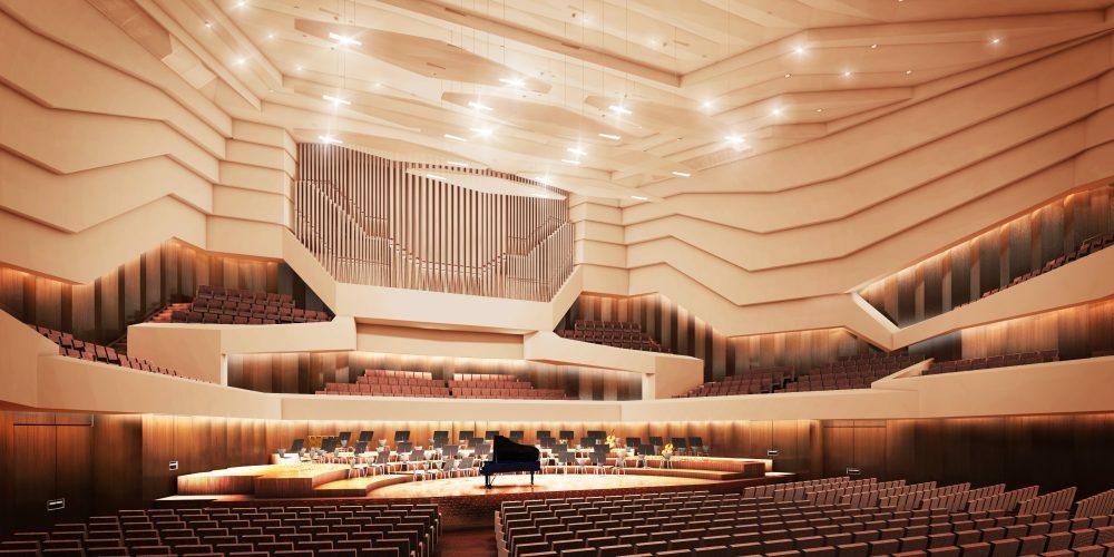 Visualisierung des Konzertsaals, Blick aus dem Parkett in Richtung Bühne