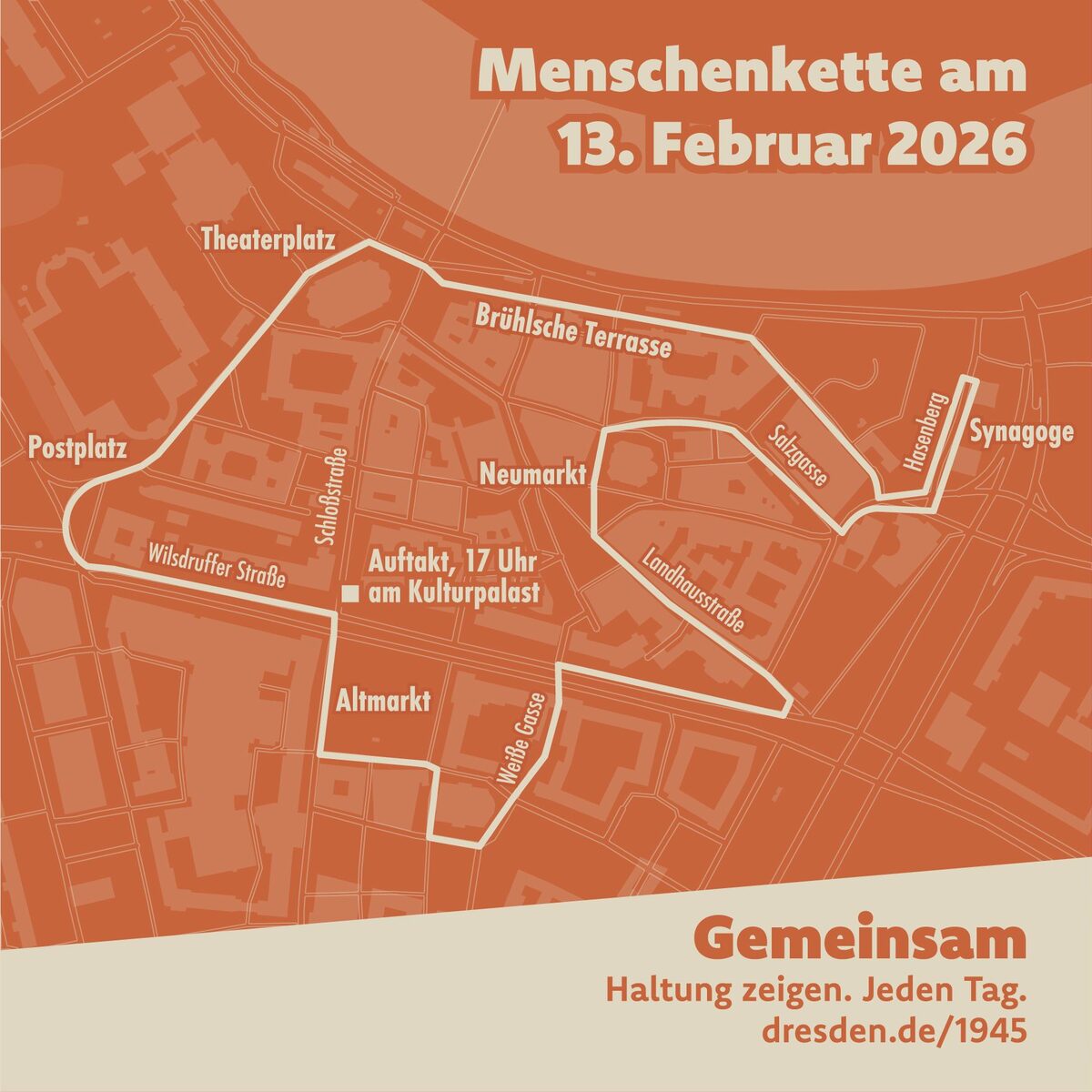 Eine Karte mit dem geplanten Verlauf der Menschenkette durch die Dresdner Innenstadt am 13. Februar 2024