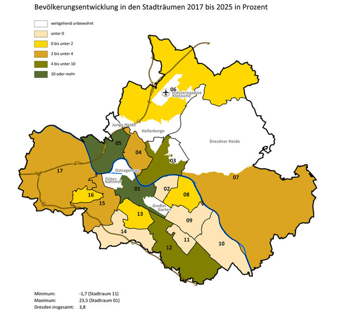 Karte von Dresden mit nach Bevölkerungsentwicklung eingefärbten Bereichen