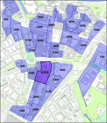 Karte der Innenstadt mit höchsten Bodenrichtwerten für Mischnutzung überwiegend aus Büro- und Geschäftshäusern bzw. Wohn- und Geschäftshäusern
