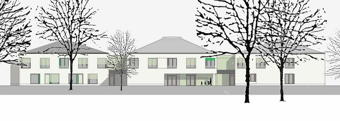 Zeichnung drei zweistöckige verbundene Gebäude mit flachem Schrägdach
