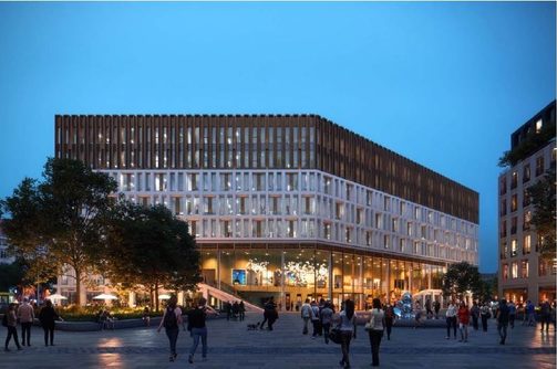 Blick über den Ferdinandplatz auf den Haupteingang des neuen Verwaltungsgebäudes - Entwurf