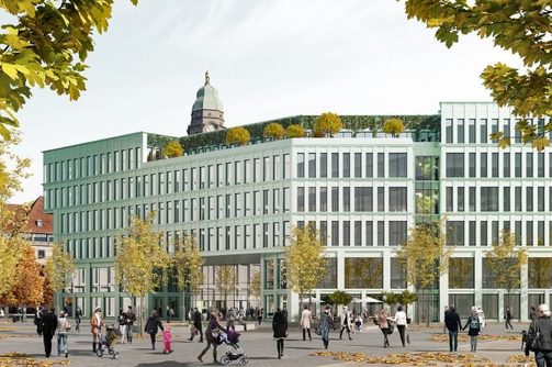 Blick über den Ferdinandplatz auf den Haupteingang des neuen Verwaltungsgebäudes - Entwurf