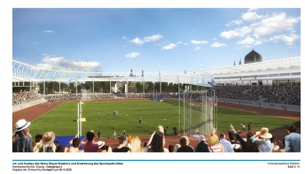 Innenperspektive Heinz-Steyer-Stadion - Blick von den Besucherrängen aufs Spielfeld
