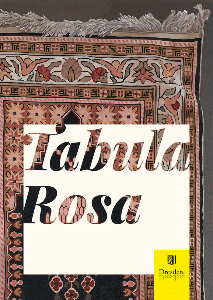 Postkarte: Teppich, darauf ein Weißter Kasten mit durchbrochenen Buchstaben: Tabula Rosa