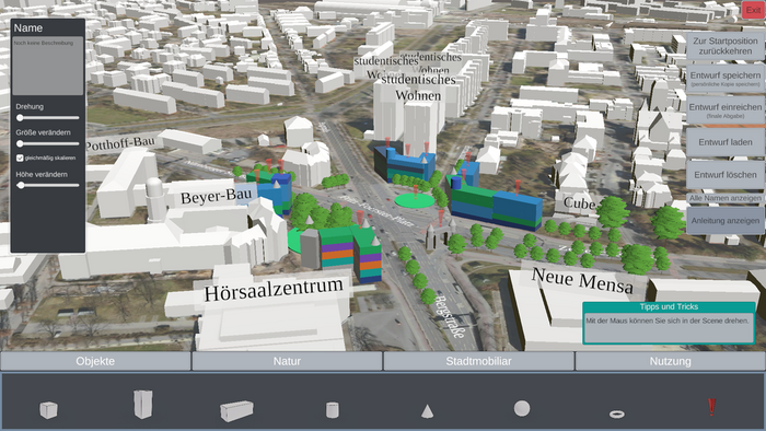 Screenshot Blick auf Modell Fritz-Förster-Platz mit farbigen Bäumen und Gebäuden ergänzt