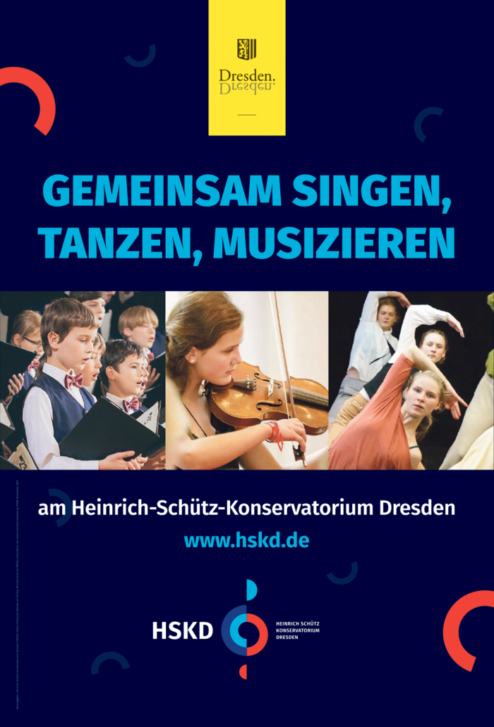 Werbe-Plakat für die Musikschule "Heinrich-Schütz-Konservatorium Dresden". Darauf sind drei Fotos mit musizierenden Kindern und Jugendlichen und das Logo der Musikschule abgebildet.