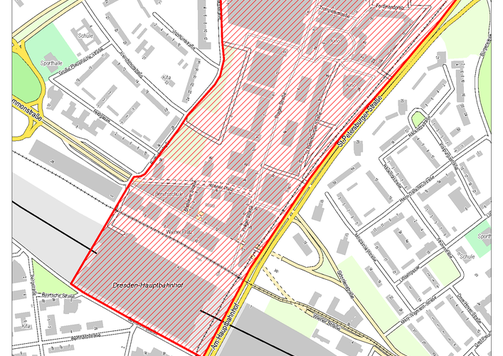 Kartenausschnitt mit rot markiertem Gebiet, in dem Ausschank und Konsum von Alkohol eingeschränkt sind, hier: Stadtzentrum ab Hauptbahnhof