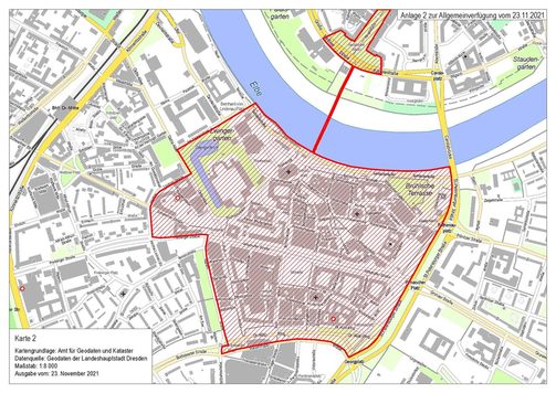 Kartenausschnitt mit rot markiertem Gebiet, in dem Ausschank und Konsum von Alkohol eingeschränkt sind, hier: Altstadt