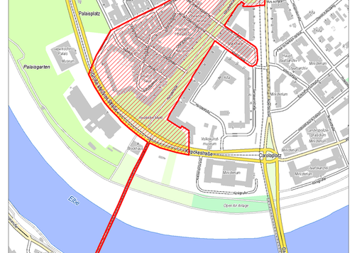 Kartenausschnitt mit rot markiertem Gebiet, in dem Ausschank und Konsum von Alkohol eingeschränkt sind, hier: Dresden Neustadt
