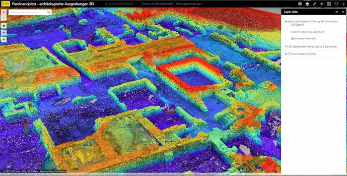 Das Bildschirmfoto zeigt ein 3D-Modell der archäologischen Ausgrabungen am Ferdinandplatz