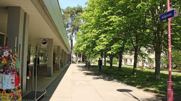 Fußweg mit baumbestandenem Grünstreifen und Ladenpassage