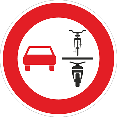 Kreisrundes Verkehrszeichen mit rotem Rand, darauf ein rotes Auto neben einem Fahrrad und einem Motorrad.