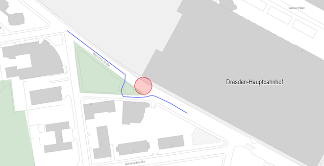 Schematischer Kartenausschnitt der Straßen am Dresdner Hauptbahnhof, darauf rot markiert eine Straßensperrung und blau markiert eine Umleitung.