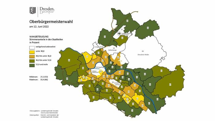 Karte der Stadt Dresden, in der die Stadtteile nach Wahlbeteiligung bei der Oberbürgermeisterwahl 2022 (1. Wahlgang) eingefärbt sind